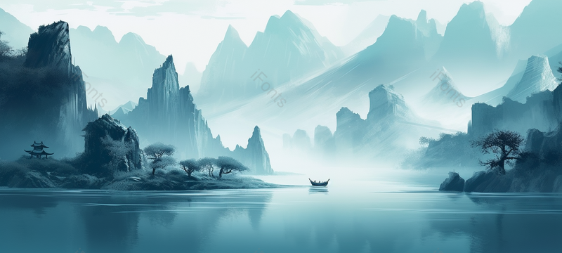 蓝色山水画,简约意境手绘山水,插画/手绘图,插画/手绘图库,插画/手绘图下载,插画/手绘